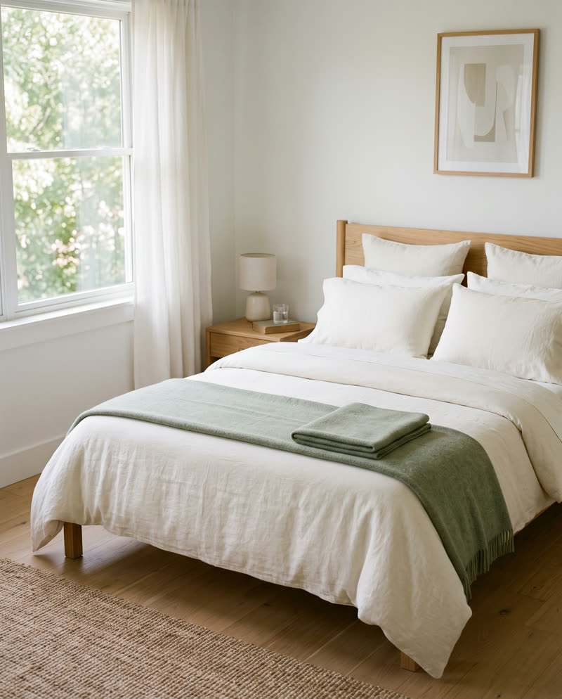 A freshly made bed with ivory linen in morning light